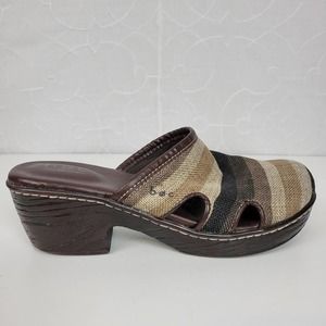 B.O.C Born Womens Shoes Size 7 Brown Gray Striped Canvas Slip On Clog‎ Mules